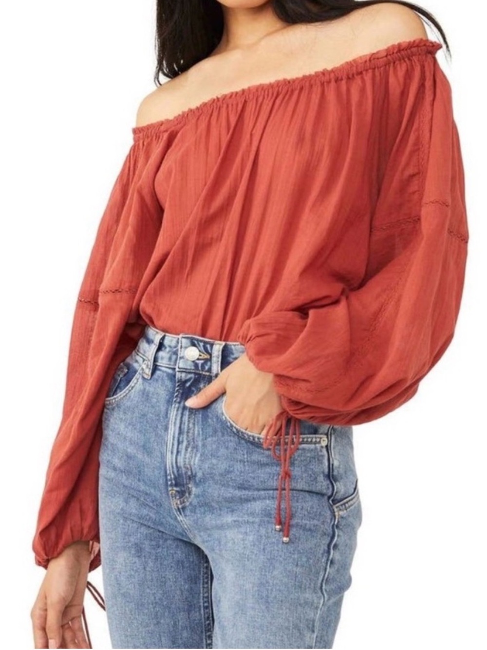 Free People Intimately SUNDOW DARK CORAL Lightweight bodysuit balloon sleeve L